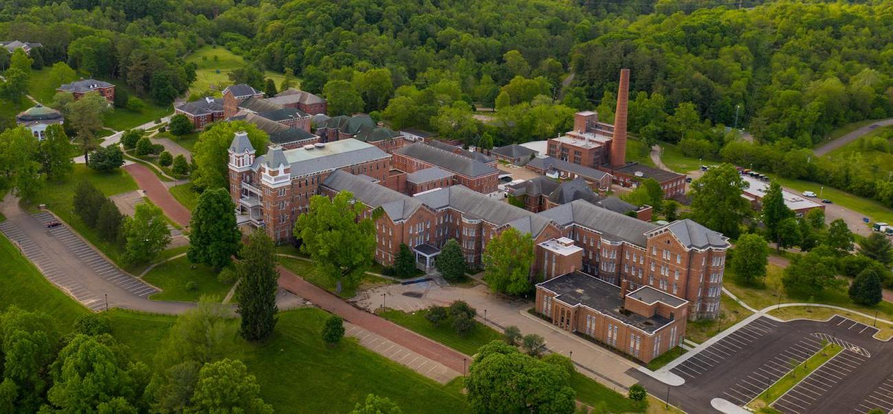 Aerial view of The Ridges historic building at Ohio University