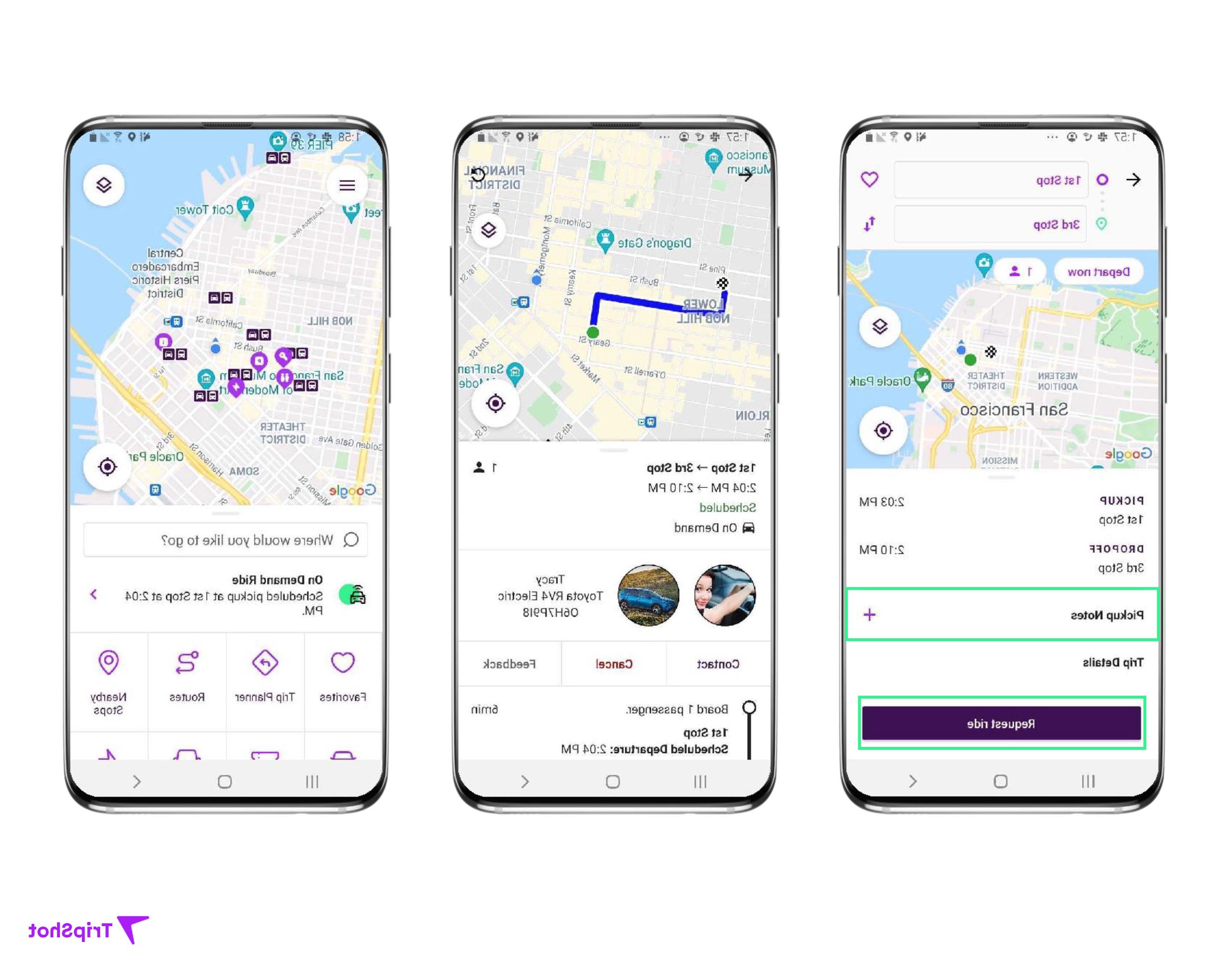 Images of 3 phones display what options to select to confirm a reservation. 1. Pickup Notes and Request Ride 2. Route 3. On Demand Ride