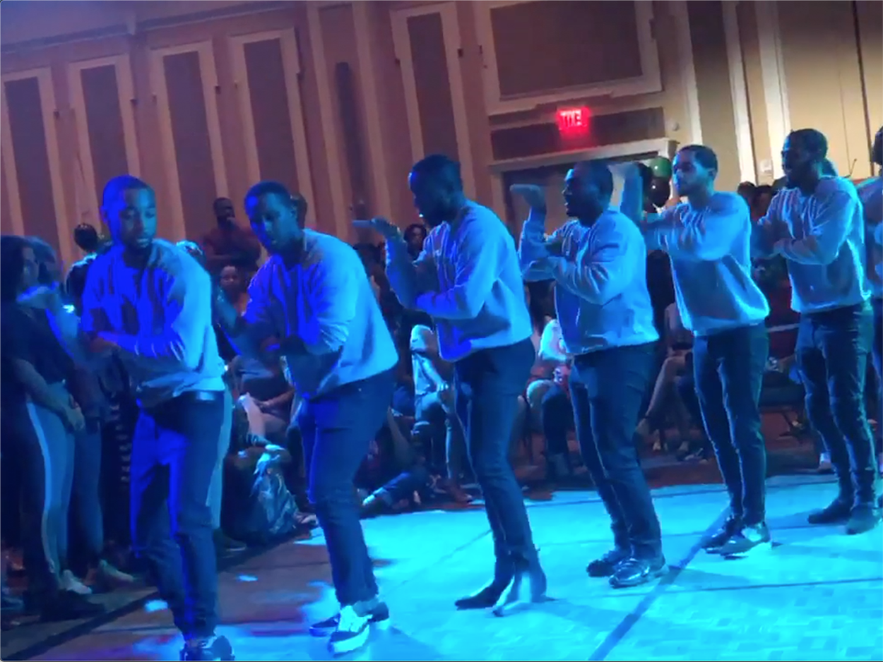 Alpha Phi Alpha fraternity performing their stroll at the 2018 mcc student expo