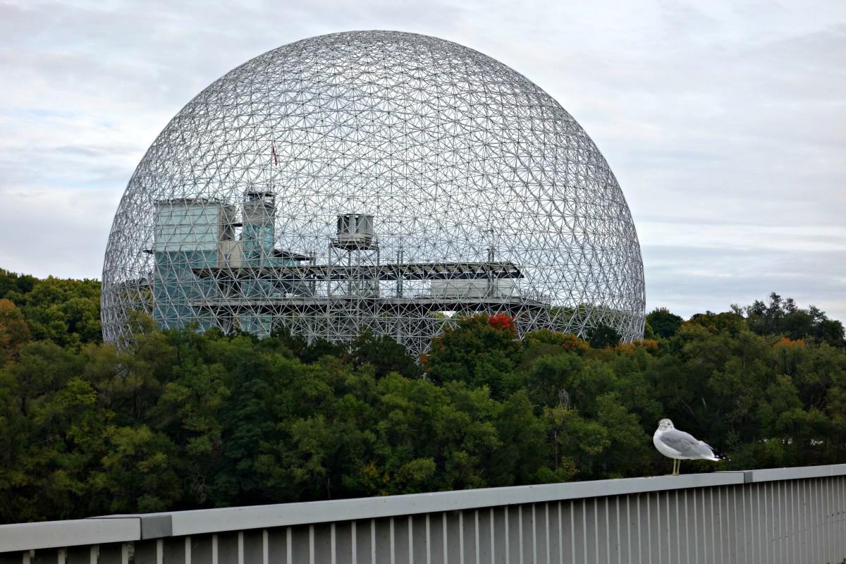 A large spherical cage covers a building. 球体被树木环绕，照片的前景有一座桥.